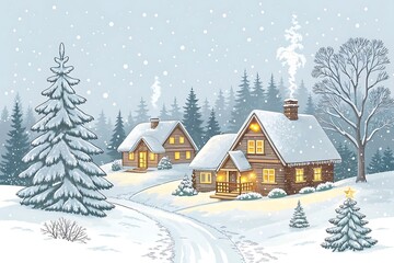 Cozy winter Christmas village under soft snowfall, warm glowing lights from cottages, pine trees covered with snow, peaceful holiday atmosphere, high detail, vector style, white background.