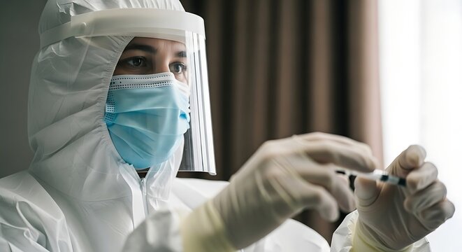Medical professional in full PPE mask and face shield holding syringe for vaccine