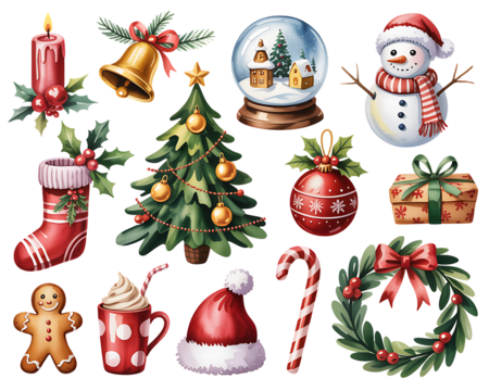 Collection of festive christmas holiday decorations and symbols on a black background