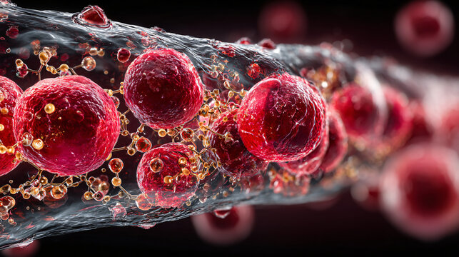 Detailed medical science illustration showing osmosis in red blood cells placed in a hypotonic solution. 