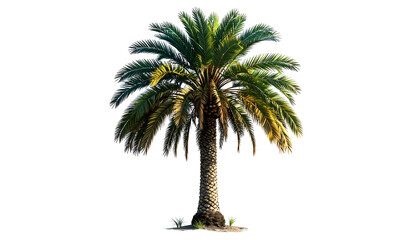 Isolated lush palm tree with green fronds and textured trunk on black background