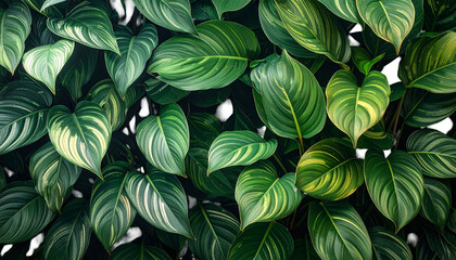 Close-up of lush green tropical leaves with striped patterns, textured and vibrant