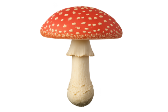 Red capped mushroom with white spots and pale stem, isolated on