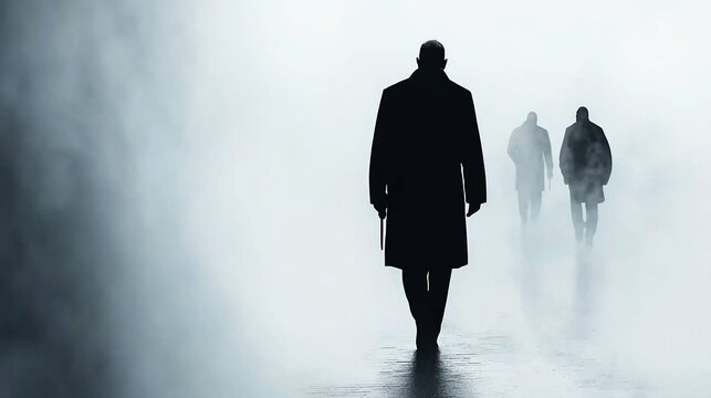 Mysterious Figures Emerging from Fog Dark Silhouettes in Ethereal Light.