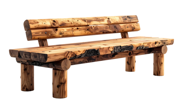 Rustic wooden bench made from logs. Features backrest and armrests. Isolated on black