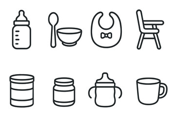 Baby essentials icons set: bottle, spoon, bowl, bib, high chair, jar, sippy cup, mug