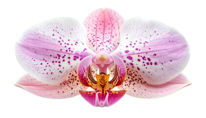 A close-up of a delicate orchid flower, petals of pink and white, with speckled patterns