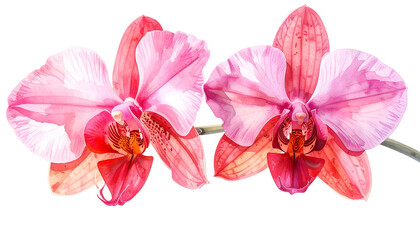 Two vibrant, detailed orchid blooms, pink and red hues, isolated on a stark black background