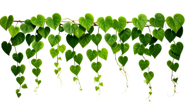 Lush green vines with heart-shaped leaves cascade down from a horizontal brown branch - Powered by Adobe