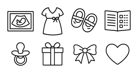 Minimalist baby shower icons set featuring pacifier bow gift and heart