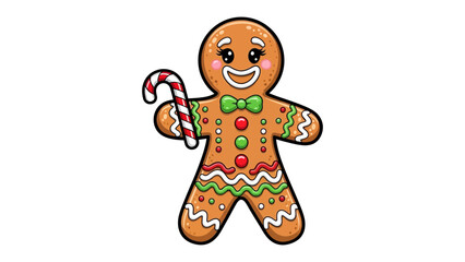Gingerbread man with candy cane: A cheerful gingerbread man figure stands proudly, clutching a striped candy cane. His cheerful demeanor captures the festive mood of the holiday season.