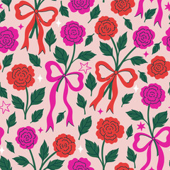 Seamless pattern of red and pink flowers tied with bows. Vector graphics.