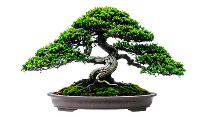 Green leafy bonsai tree with a twisted trunk in a dark pot, isolated on black