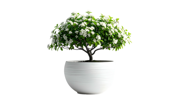 A lush bonsai-style tree in a white, rounded pot against a stark black background