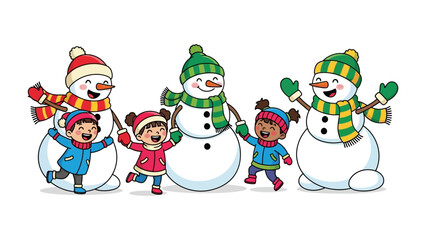 Winter Wonderland Friendship: A heartwarming illustration of children joyfully interacting with snowmen, capturing the magic of winter and the spirit of friendship.