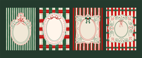 Festive hand drawn Christmas frame set in red, green, and cream tones.Whimsical borders with bows, ribbons, and wavy lines on striped and plaid backgrounds for Christmas cards, invitations, posters
