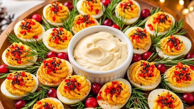 Festive Deviled Egg Platter with Cranberry Garnish for Holiday Celebrations