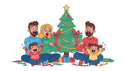 Joyful Family Christmas: Capturing a heartwarming scene of a family surrounded by gifts and a decorated Christmas tree, evoking feelings of excitement and togetherness. 