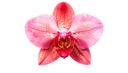 Close-up of a vibrant orchid blossom with pink and red petals against a black background