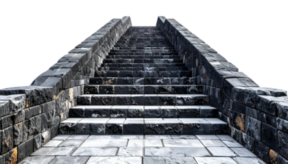 Stone staircase ascending upwards with a dramatic perspective on a black background