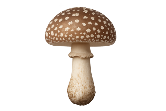 Brown mushroom with white speckles on cap and cream stem, isolated transparent background