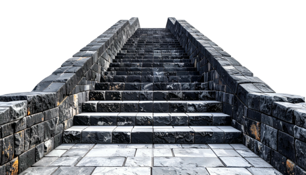 Stone staircase ascending upwards with a dramatic perspective on a black background