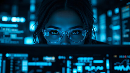 Intense Portrait of a Woman with Glasses Reflected by Digital Data and Financial Charts for Cybersecurity or Stock Market Concept