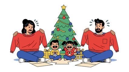 Christmas Sweater Mishap: A comical family moment as they realize the size of their festive sweaters, sitting beside a decorated tree with joy and laughter.