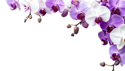 Elegant orchids with white and purple petals cascade across a black backdrop, corner design