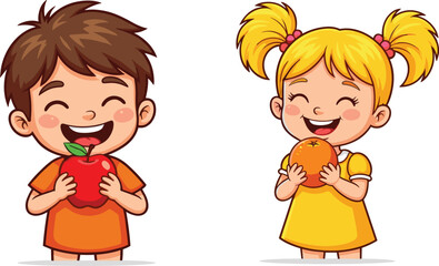 Children holding fruit illustration, cartoon kids, healthy eating gesture, apple and orange, cheerful faces, vector art, nutrition theme, playful moment