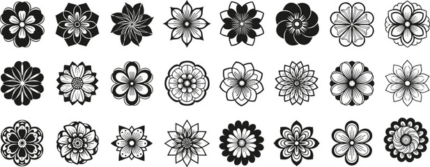 Elegant Black and White Floral Icons for Decorative Design, Textile Patterns, Branding Elements, and Botanical-Themed Visual Storytelling Across Media