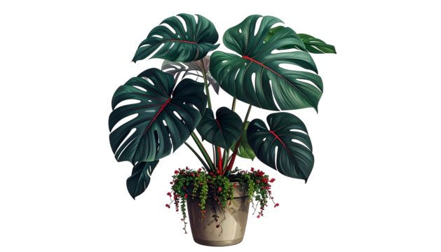 A vibrant illustration depicts a lush potted monstera deliciosa with dark leaves and red stems