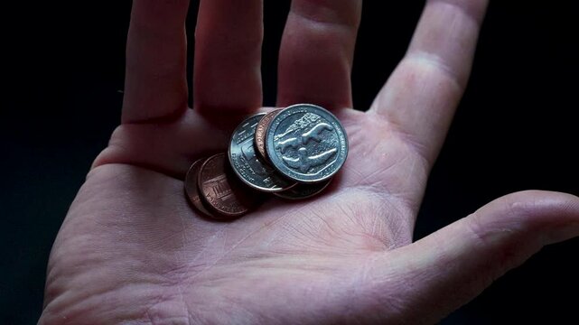 Close-up of American coins in a man's hand (palm)