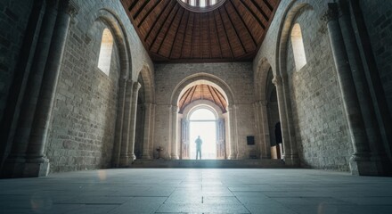Fototapeta premium Ancient stone hall with vaulted ceiling, figure silhouetted in bright doorway