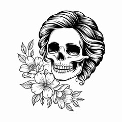 Fototapeta premium Artistic skull with flowers and flowing hair black and white illustration