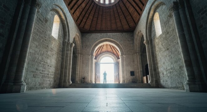 Ancient stone hall with vaulted ceiling, figure silhouetted in bright doorway - Powered by Adobe
