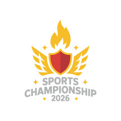 Sports championship 2026 logo design with red shield, golden wings and flame, modern athletic event emblem illustration