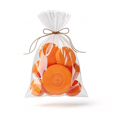 A clear plastic bag filled with bright orange fruit tied with a brown string on a white background