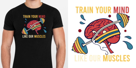 Retro Fitness Brain Illustration — Cartoon Brain Lifting Dumbbells, Motivational Quote “Train Your Mind Like Your Muscles”, Vibrant Vintage Gym Poster Design