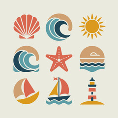 Obraz premium Collection of nine colorful flat design summer beach and ocean icons
