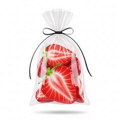 Strawberries in a clear plastic bag tied with a black ribbon on a white background close up view