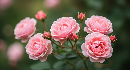Obraz premium Close-up of pastel-pink roses in full bloom, with delicate buds among lush, green foliage