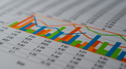 Colorful financial bar and line charts on paper graph