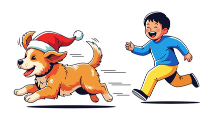 Festive Playtime: A joyful boy chases a playful dog wearing a santa hat, capturing a moment of holiday cheer and animated fun.