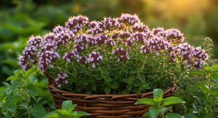 Close-up of blossoming purple thyme herb plant in a brown woven basket set outdoors