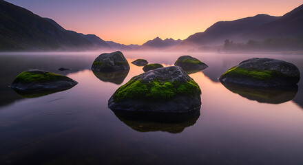 Moss covered rocks in calm lake at sunrise with misty mountains