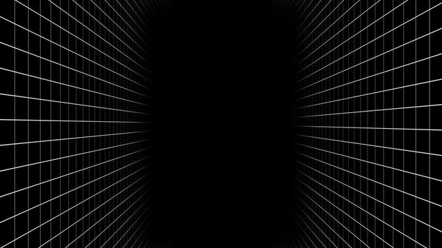 3D infinite white grid tunnel seamless loop animation with right and left wall grid line moving forward on black background. 4K animated background for tech, vj loop, editing, and motion graphics.