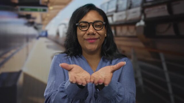 African american woman wearing glasses offering open palms in studio with serene expression; welcome generosity joy.