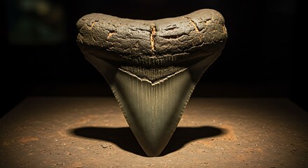 Close-up of a massive, ancient shark tooth, prominently displayed on a textured surface