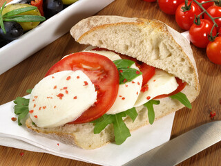 Food - Ciabatta Bread with Tomato Mozrarella on green Background